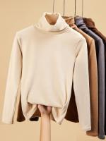 Бархатный демисезонный утепленный лонгслив, уровень, высокий воротник, в обтяжку, длинный рукав