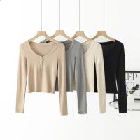 Осенняя базовая приталенная сексуальная футболка, топ, V-образный вырез, по фигуре