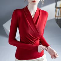 Весенняя дизайнерская осенняя футболка, сексуальный лонгслив, тренд сезона, V-образный вырез, длинный рукав, в западном стиле