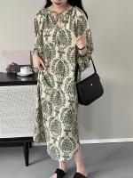 Ретро зеленый фонарь, платье с рукавами, тонкая летняя длинная юбка, цветочный принт, в западном стиле, оверсайз