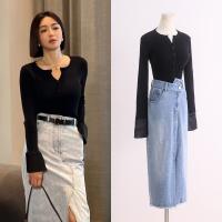 Черный осенний лонгслив, расширенный трикотажный бюстгальтер-топ, премиум класс